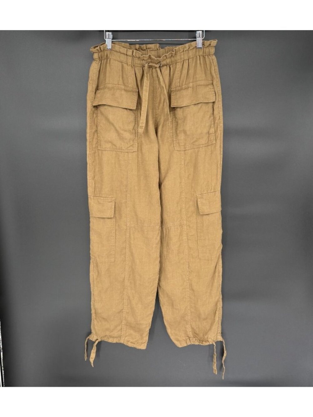 Magaschoni 100% Linen Cargo Pants Womens M Brown Paperbag Waist Coastal Safari